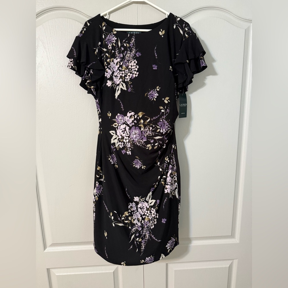 Ralph Lauren Floral Ruffle Sleeve Dress - Black and Purple